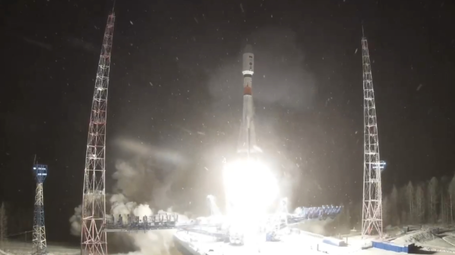 A Russian rocket launches from a snowy launch pad on Christmas Day 2025