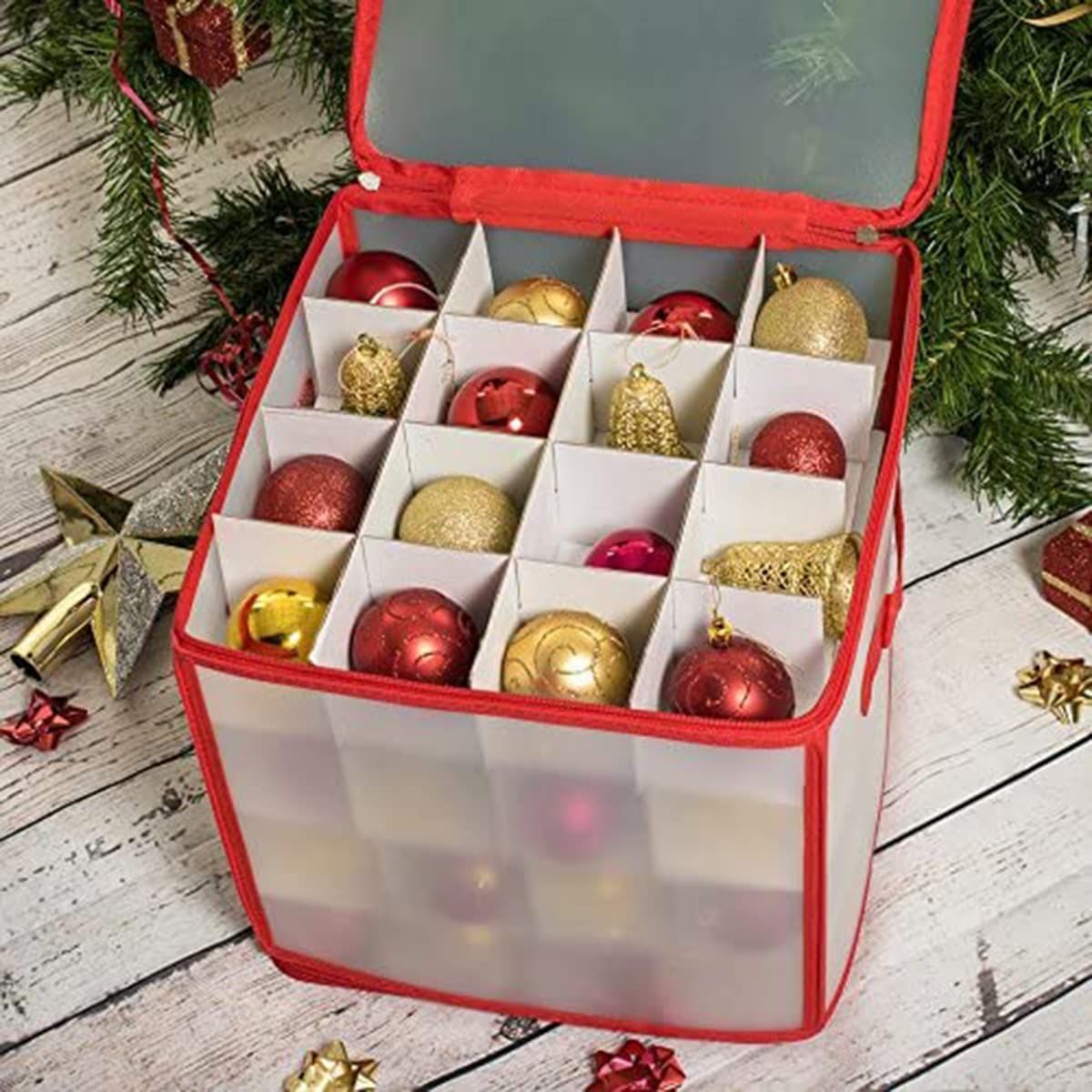 Christmas decoration box with red and gold baubles