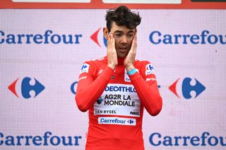 SANTANDER SPAIN SEPTEMBER 04 Ben OConnor of Australia and Team Decathlon AG2R La Mondiale celebrates at podium as Red Leader Jersey winner during the La Vuelta 79th Tour of Spain 2024 Stage 17 a 1415km stage Arnuero to Santander UCIWT on September 04 2024 in Santander Spain Photo by Tim de WaeleGetty Images