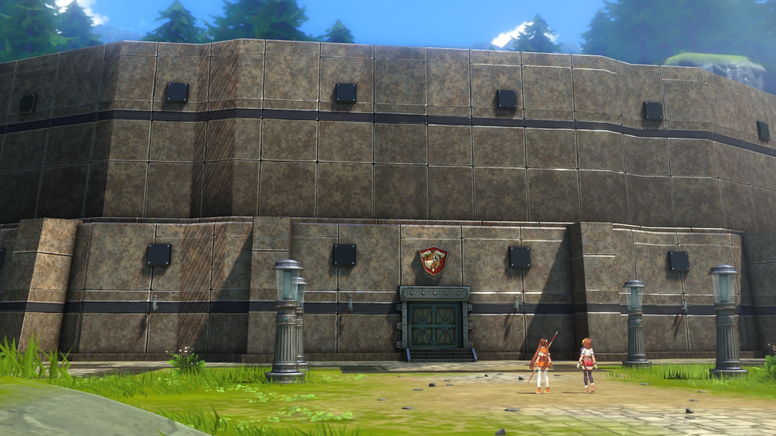 Estelle and Anelace stand in front of fortress in Trails in the Sky Second Chapter
