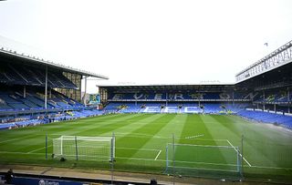 A general view of the pitch at Goodison Park is pictured ahead of the English Premier League football match between Everton and Manchester City, in Liverpool, north west England on April 19, 2025.