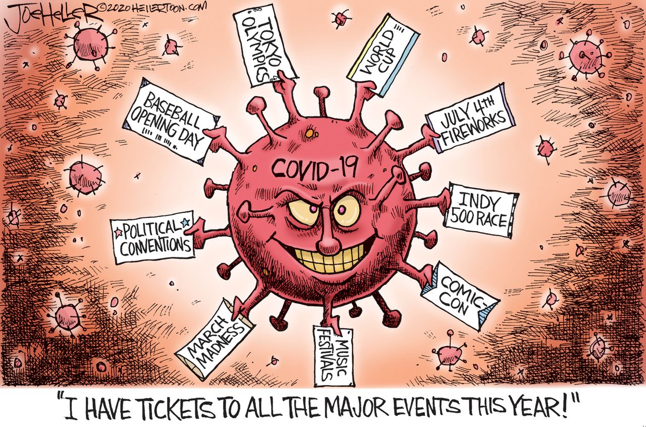 Editorial Cartoon World COVID-19 Coronavirus Olympics July 4th comic cons political conventions sporting events