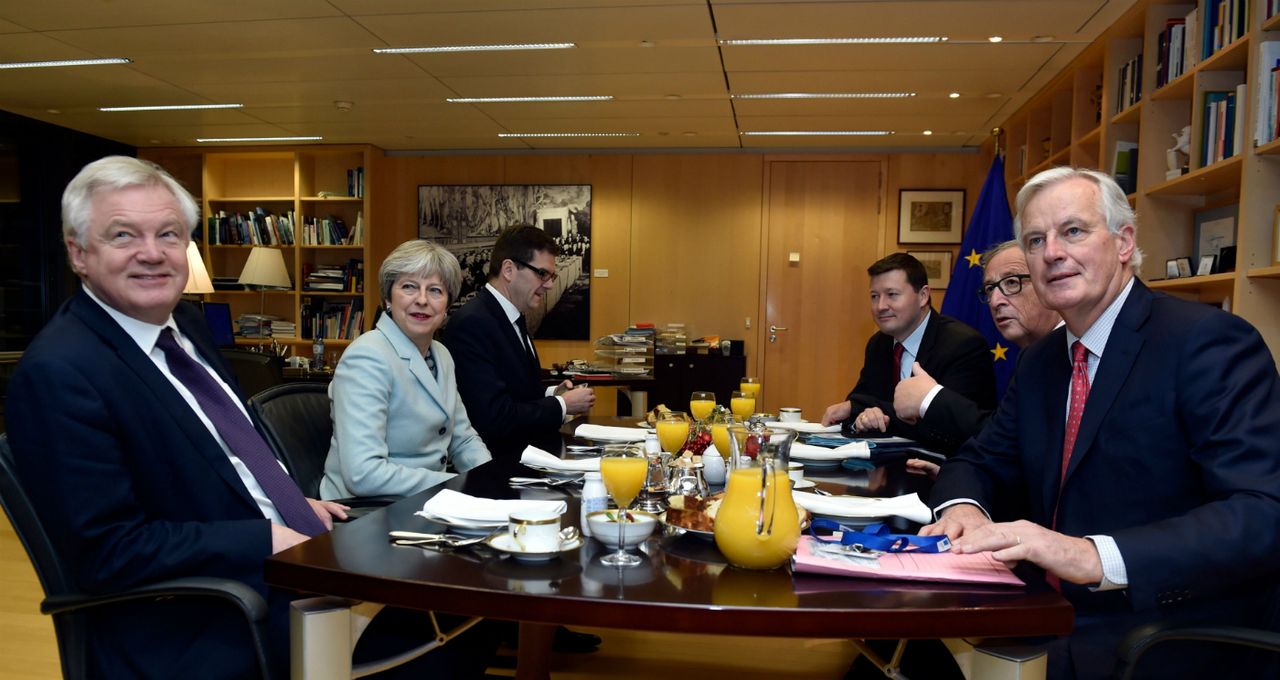 Theresa May and David Davis with Jean-Claude Juncker and Michel Barnier in Brussels