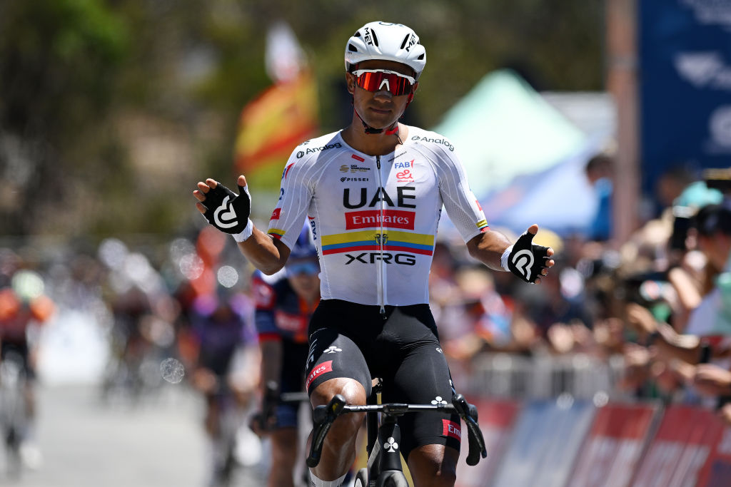 WILLUNGA HILL, AUSTRALIA - JANUARY 25: Jhonatan Narvaez of Ecuador and UAE Team Emirates Xrg celebrates at finish line as stage winner during the 25th Santos Tour Down Under 2025, Stage 5 a 145.7km stage from McLaren Vale to Willunga Hill 371m / #UCIWT / on January 25, 2025 in Willunga Hill, Australia. (Photo by Dario Belingheri/Getty Images)