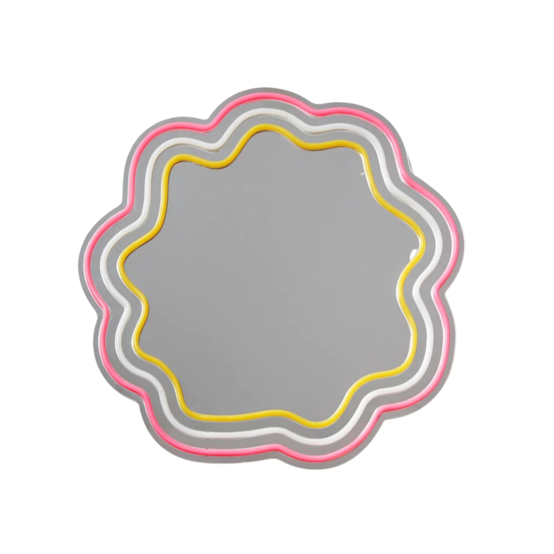 Cermin berbentuk bunga dengan lampu neon berwarna pink dan kuning