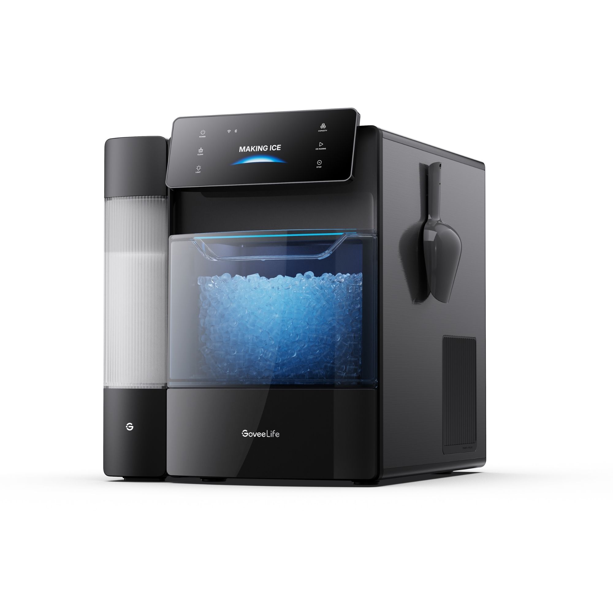 Black ice maker with water tank and scoop