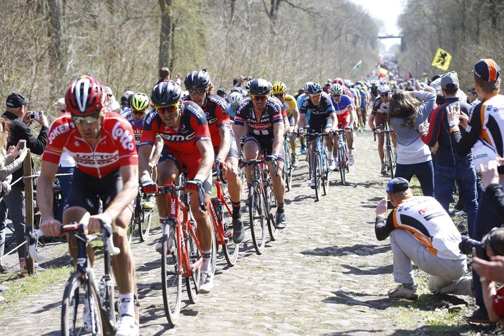 The peloton was lined out during the famous Forest of Arenberg crossing