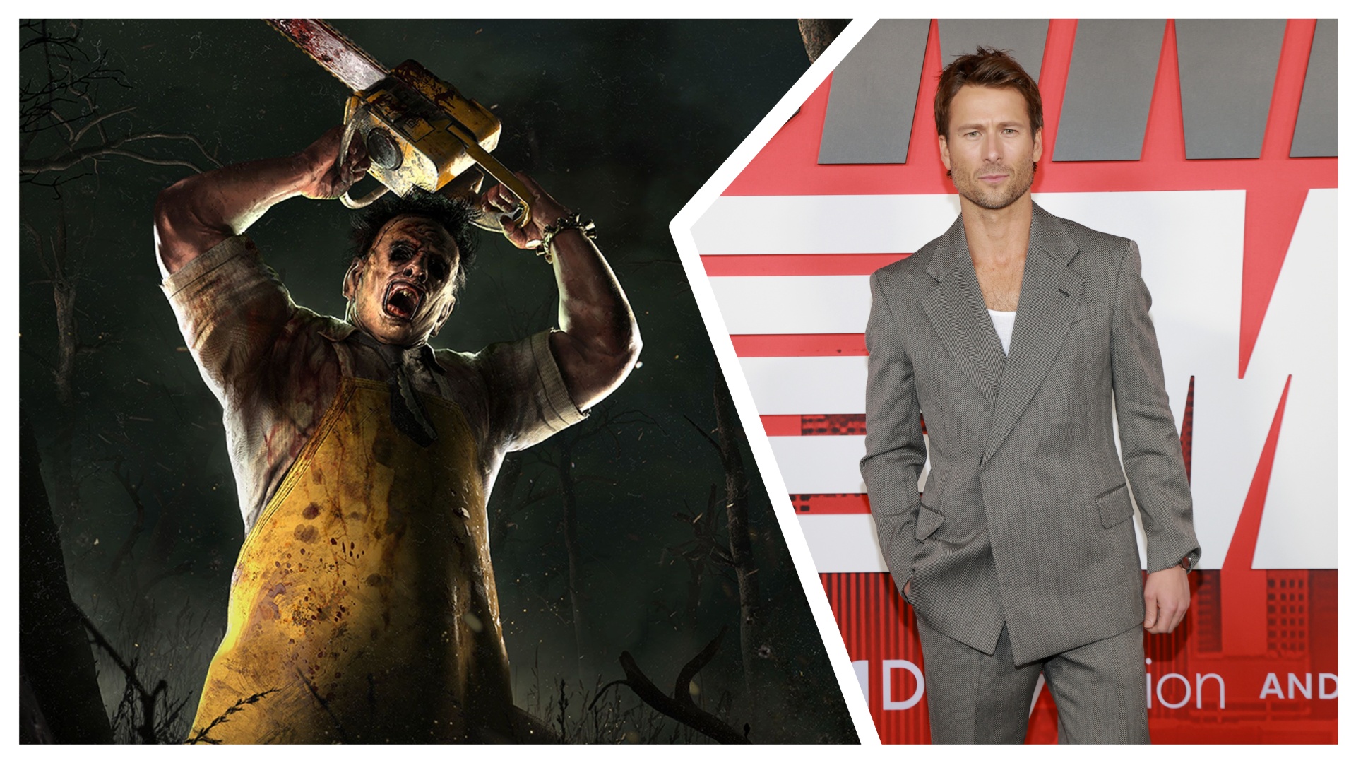 An image of leatherface from the video game Dead by Daylight sliced with Glen Powell 