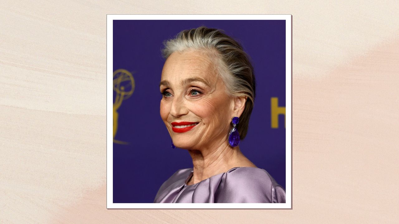 Kristen Scott Thomas is pictured with her silver and brunette short hair swept back into what is now being dubbed &#039;the Dolce Vita Crop&#039; at the 76th Primetime Emmy Awards at Peacock Theater on September 15, 2024 in Los Angeles, California/ in a beige and peach template