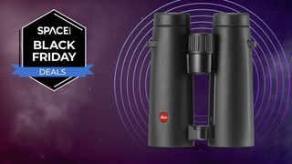 Leica 10x42 Noctivid binoculars on a purple background with a Space Black Friday deals badge.