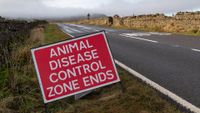 A large red sign on the road that says "animal disease control zone ends"