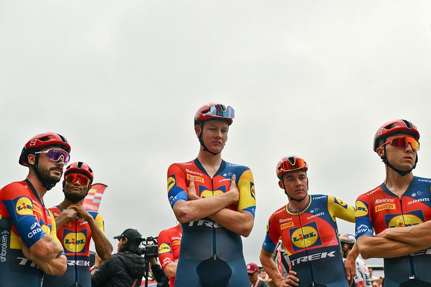 (From L) Team Lidl-Trek&#039;s French rider Julien Bernard, Team Lidl-Trek&#039;s Eritrean rider Amanuel Ghebreigzabhier, Team Lidl-Trek&#039;s Danish rider Mads Pedersen awaits the start of the second stage of the Vuelta a Espana, a 159,6 km race between Alba and Limone Piemonte, in Italy&#039;s Piemonte region, on August 24, 2025. (Photo by Marco BERTORELLO / AFP)