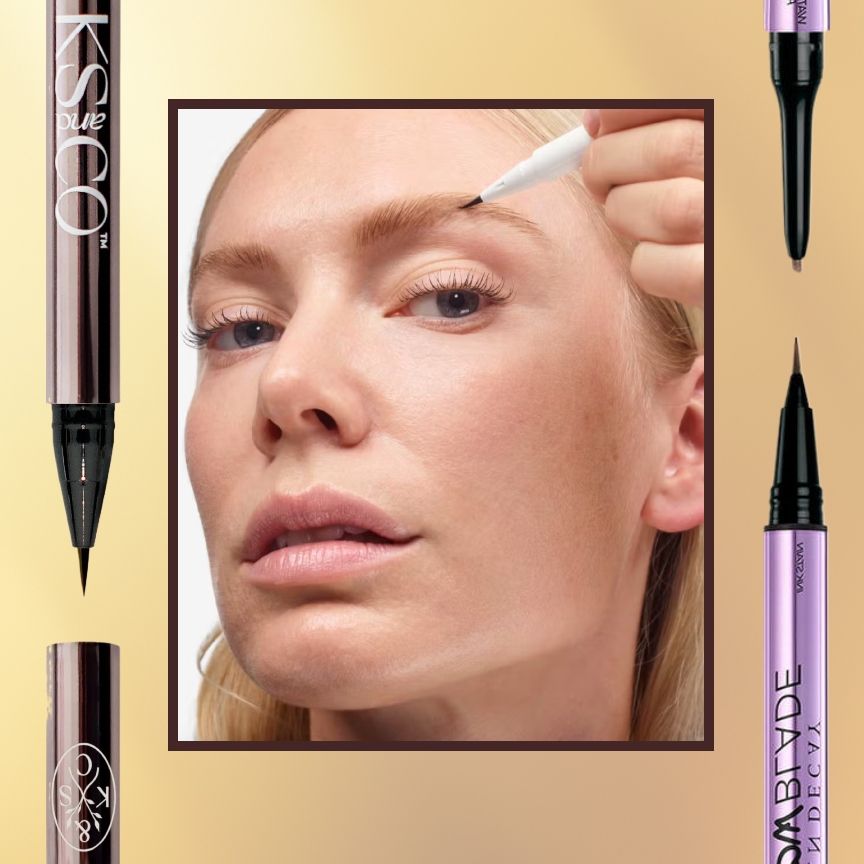 A woman at fashion week with strong eyebrows illustrating a guide to the best brow pens of 2024