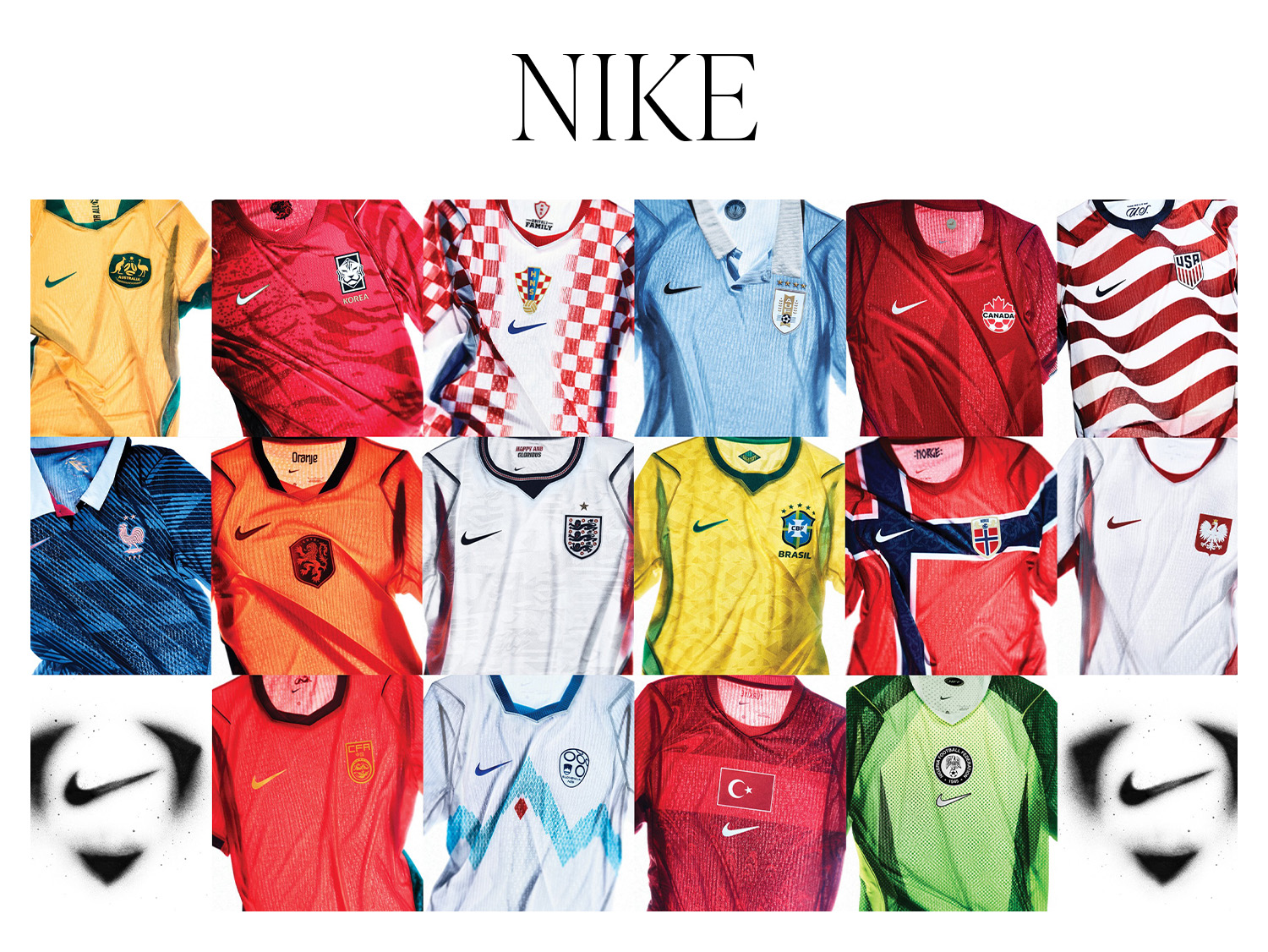 A slide titled, &amp;quot;Nike,&amp;quot; with a photo of all the brand's soccer kits for the 2026 World Cup.