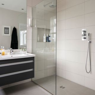 bathroom with wash basin and shower and mirror