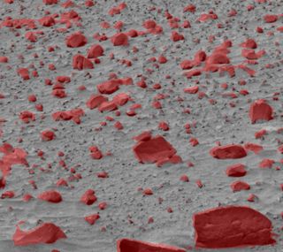 A TextureCam analysis of a Mars image is able to distinguish rocks from soil.