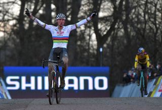 Mathieu van der Poel wins Cyclo-cross World Cup in Namur after clash with Wout van Aert
