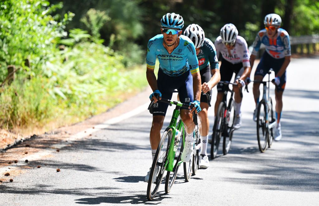 ESTACION DE MONTANA DE MANZANEDA OURENSE SPAIN AUGUST 29 Harold Martin Lopez of Ecuador and Team Astana Qazaqstan competes in the breakaway during the La Vuelta 79th Tour of Spain 2024 Day 12 a 1375km stage from Ourense Termal to Estacion de Montana de Manzaneda 1491m UCIWT on August 29 2024 in Estacion de Montana de Manzaneda Spain Photo by Tim de WaeleGetty Images