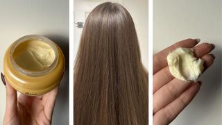 Collage of testing photos (L-R) Open tub of Gisou Honey Ceramide Hair Mask, photo of Sennen's hair after using the hair mask for a month, swatch of the hair mask formula