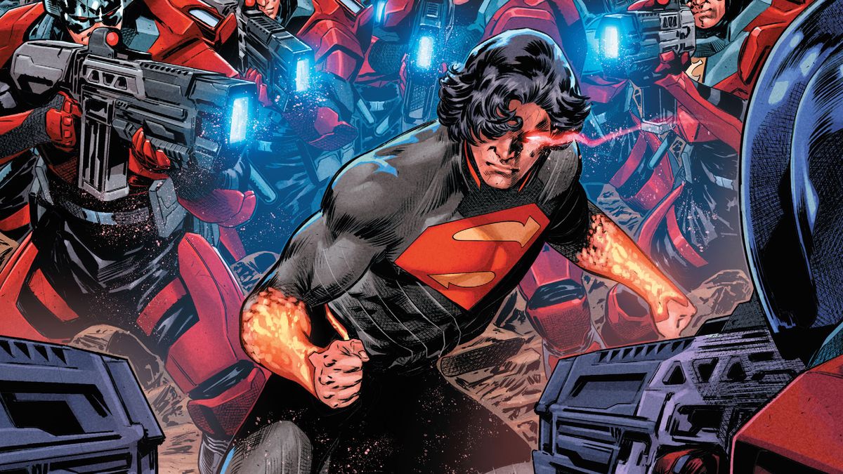 Superman battles the Peacemaker army on the cover of Absolute Superman #2.