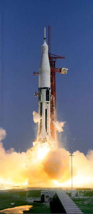 The first Saturn IB rocket developed by NASA lifts off during the uncrewed Apollo-Saturn 201 test mission on Feb. 26, 1966 — the same year "Star Trek" first aired on television.