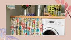 Close up shot of a washing machine with a patterned cabinet curtain pulled across