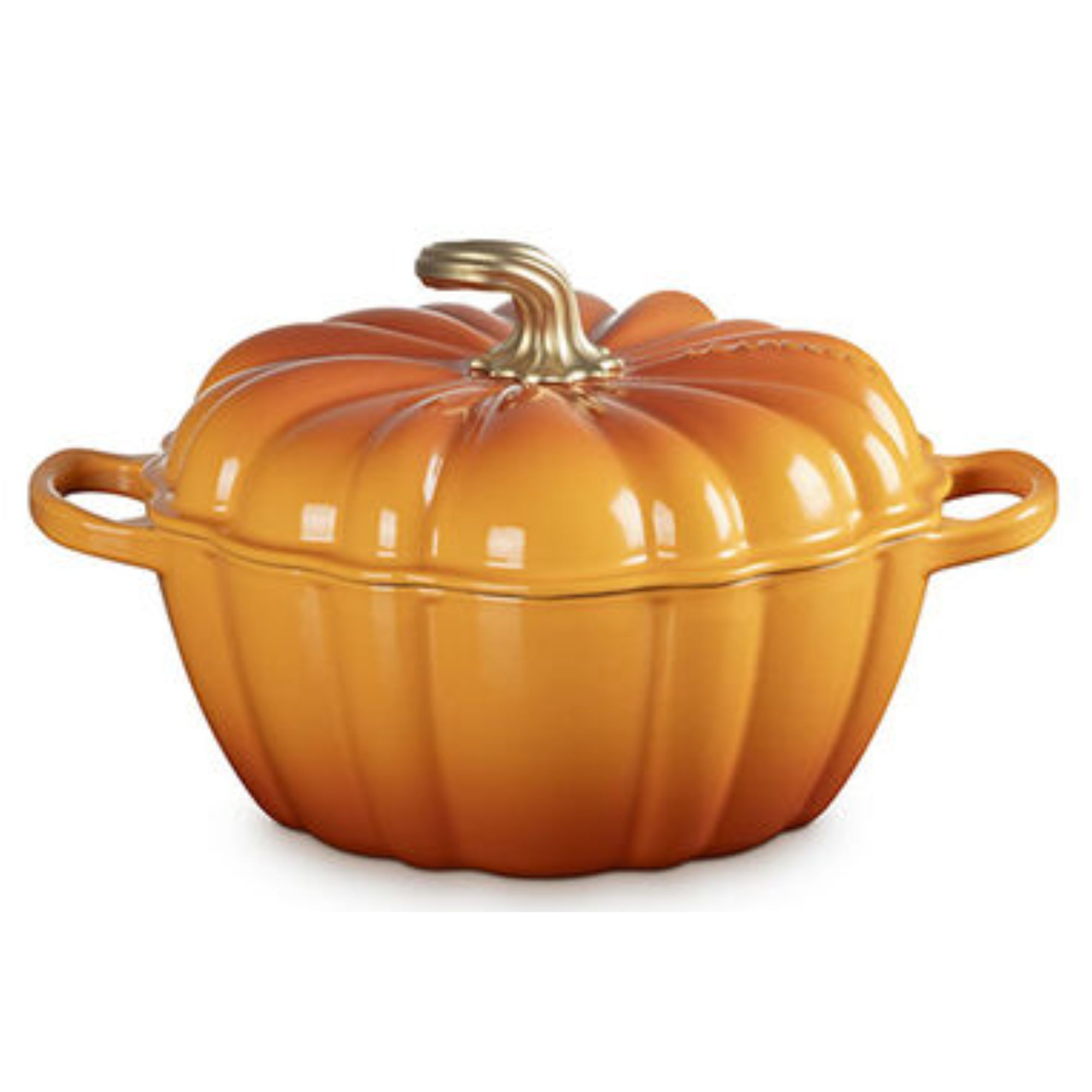 Le Creuset pumpkin cocotte with gold stem handle