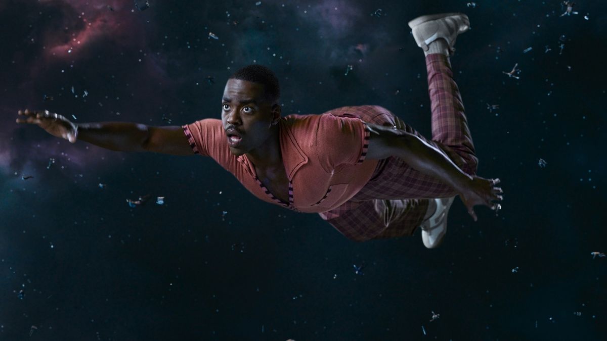 Ncuti Gatwa panics as he floats through space in Doctor Who Season 2 promo art.