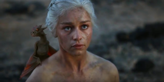 game of thrones dany emilia clarke covered in soot with baby dragon hbo