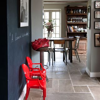 future wall with blackboard wall and red chairs