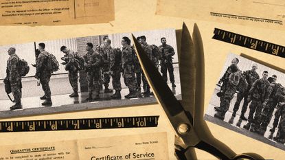 Photo collage of scissors cutting up a picture of lined up US soldiers. 