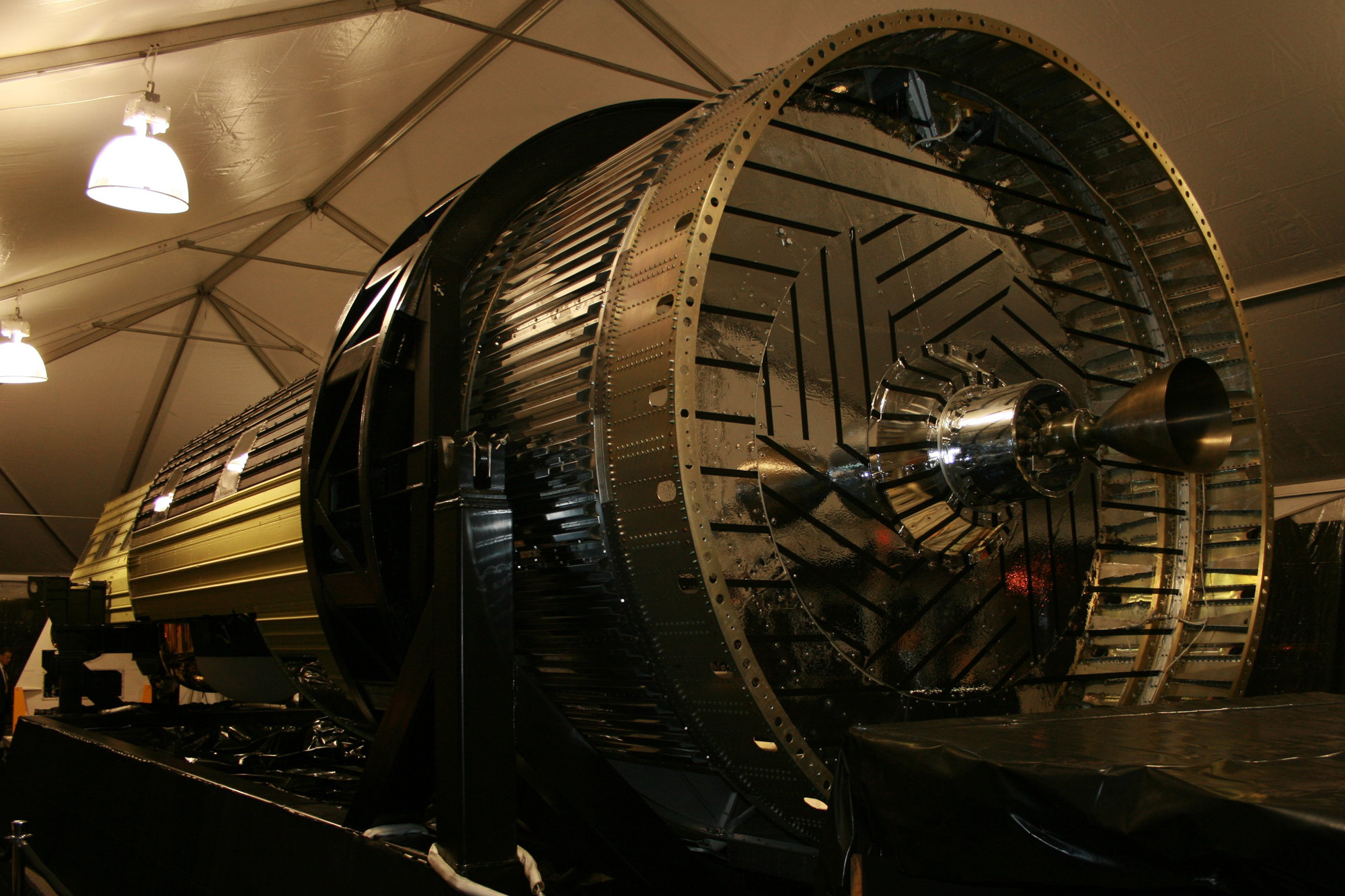 A close look at the rear engine used on the National Reconnaissance Office's HEXAGON spy satellites during a display at the National Air and Space Museum's Udvar-Hazy Center at Dulles Airport, Va., on Sept. 17, 2011.