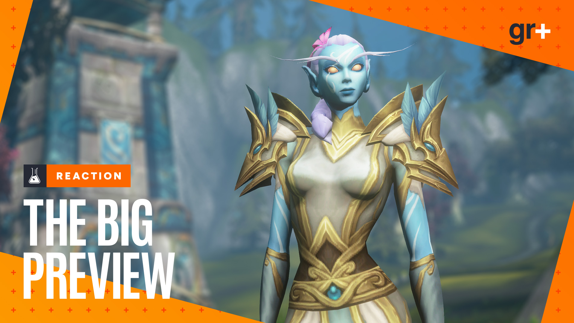 An in-game character model of a Skyborne - a sort of blue-skinned elf - in World of Warcraft: Forever, with the orange GamesRadar+ Big Preview branding