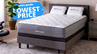 GhostBed Luxe mattress in a bedroom with 'Lowest Price' graphic overlaid