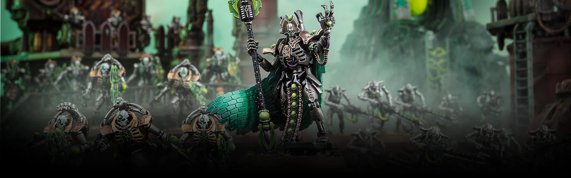 A Necron lord raises a fist as hordes march into battle behind them