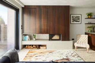 Built-in storage opposite the seating area in the living space of the home