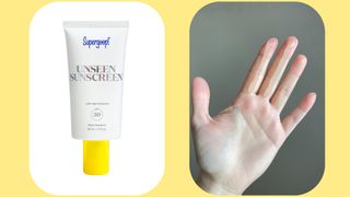 Side by side images showing Supergoop! Unseen Sunscreen SPF 30 and swatches