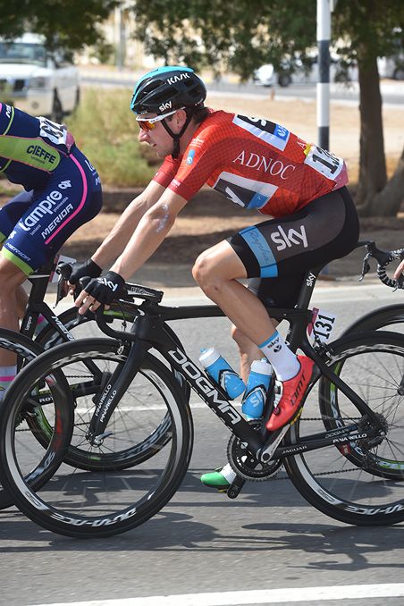Elia Viviani (Team Sky) in the race leader's jersey at the Abu Dhabi Tour