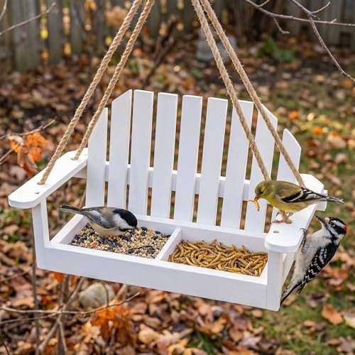 Solution4patio White Swing Bird Feeder, Squirrel-Proof Metal Mesh Tray With Bench Design, High-Capacity Rust-Resistant Hanging Bird Feeder for Porch &amp;amp; Yard D&amp;eacute;cor &amp;ndash; Easy Fill &amp;amp; Clean