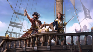 Two pirates at the wheel of a ship in Tortuga - A Pirate's Tale.