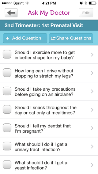 The WebMD pregnancy app allows users to track the questions they want to ask at the next doctor's appointment