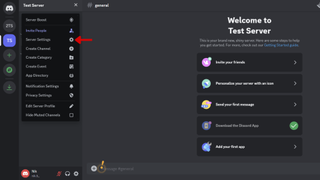 A screenshot of the Discord web app with a red arrow pointing at the Server Settings in the server dropdown menu.
