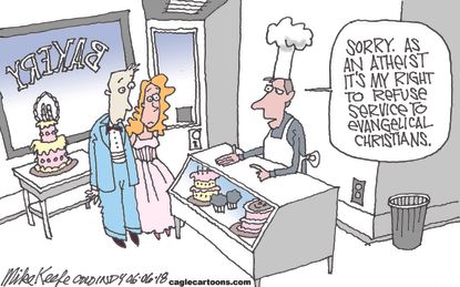 Political cartoon U.S. Supreme Court gay rights LGBTQ Christian atheist evangelical civil rights first Masterpiece Cakeshop