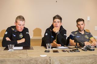Team Jumbo-Visma riders Mike Teunissen, Wout Van Aert and Maarten Wynants at a press conference in Gent on April 5, 2019