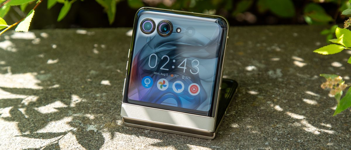 The Motorola Razr 2024 open at an angle with the cover screen on