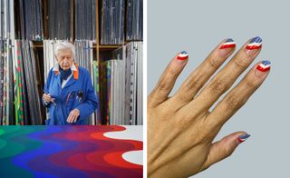 Julio Le Parc, photographed in his studio in Cachan in February 2020, with artworks from his Surface-couleur series. Photo of a hand with nail art in the style of red, white and blue waves.