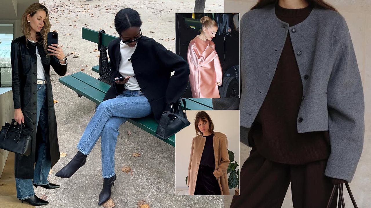 A collage of influencer and celebrity imagery featuring the collarless coat trend.