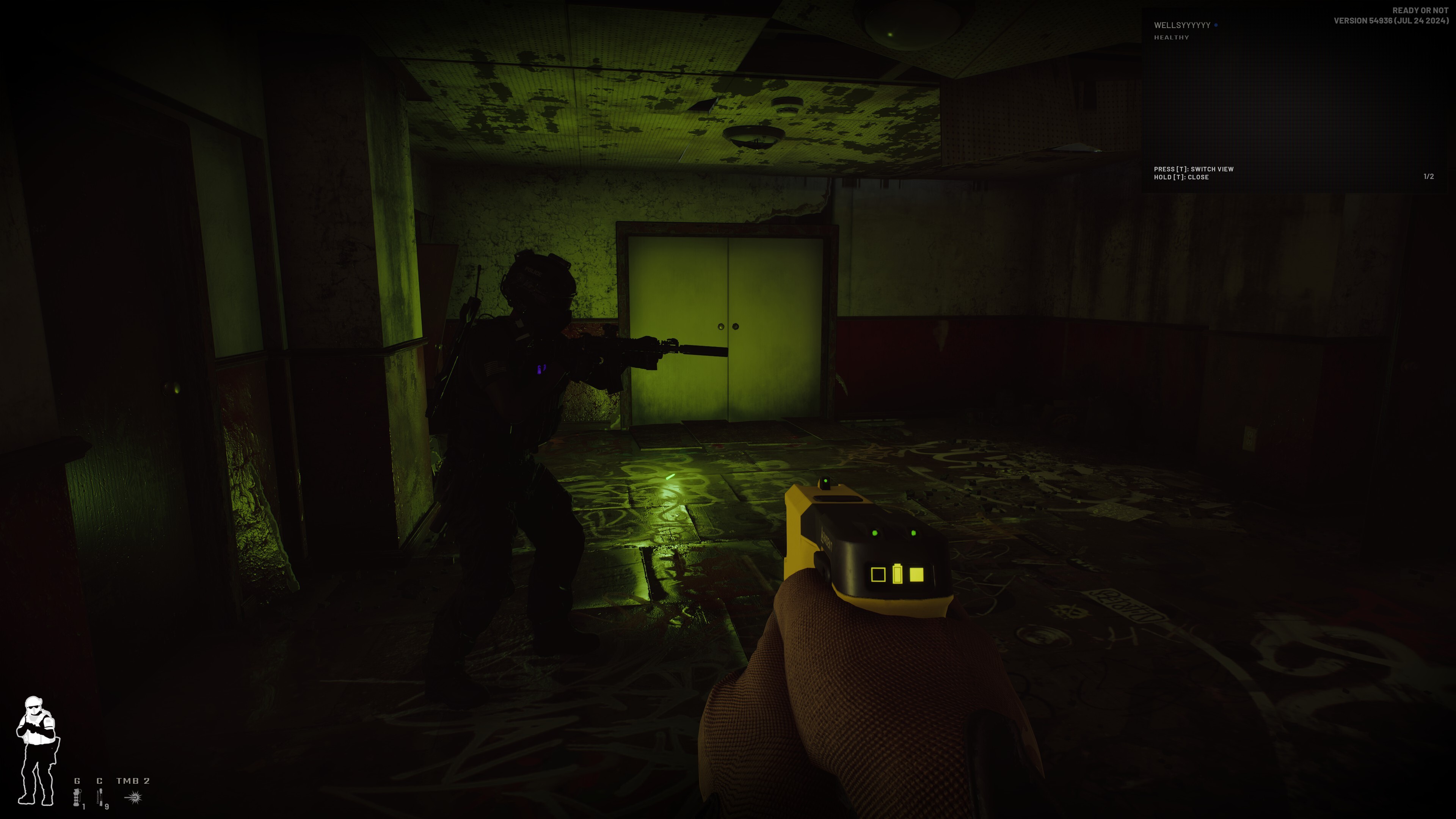 Figures with guns approach a doorway bathed in eerie green light.
