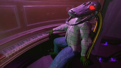 A crocodile skeleton in a suit sits in front of a curved piano in Moves of the Diamond Hand