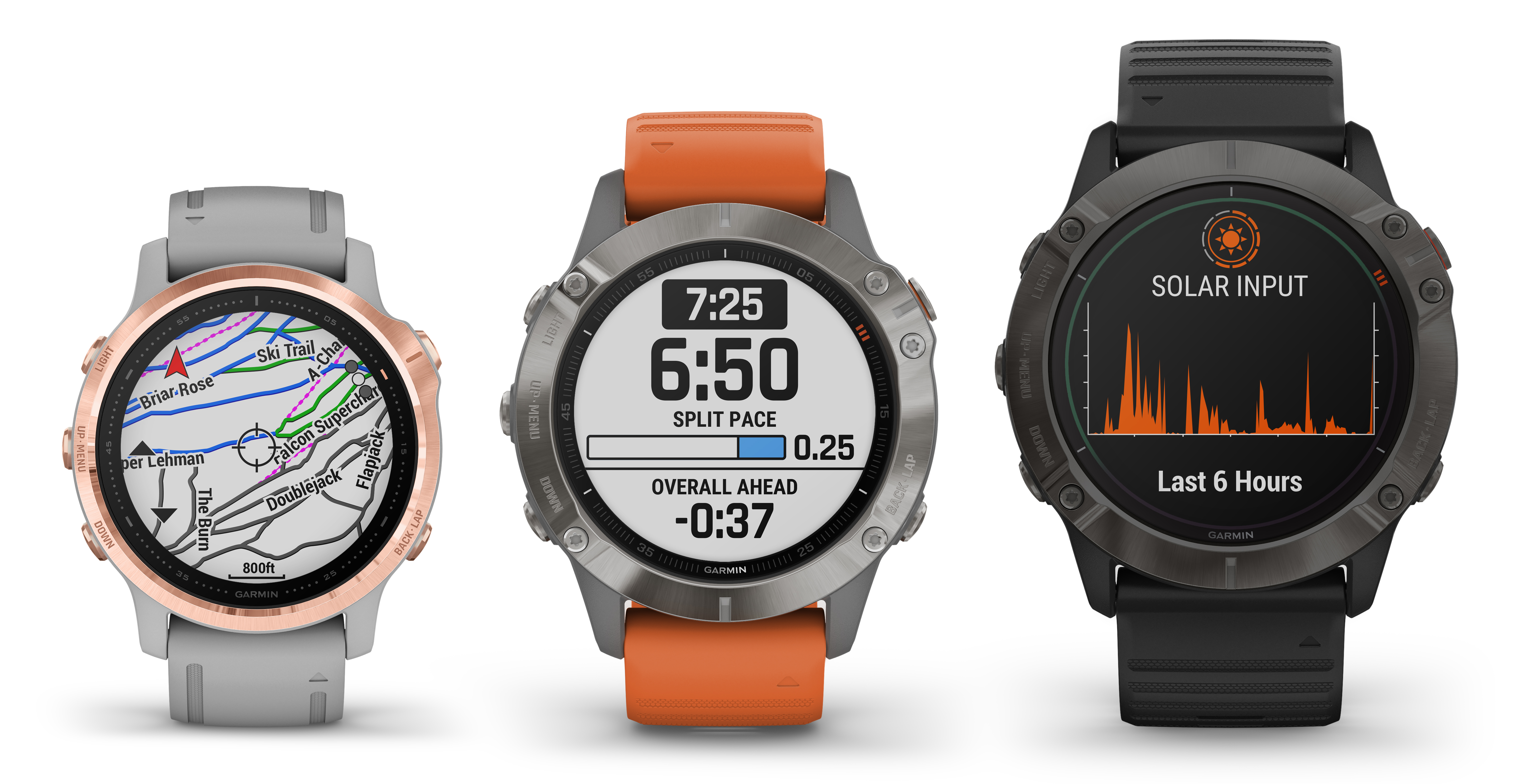 Garmin Fenix 6 i olika storlekar och varianter.